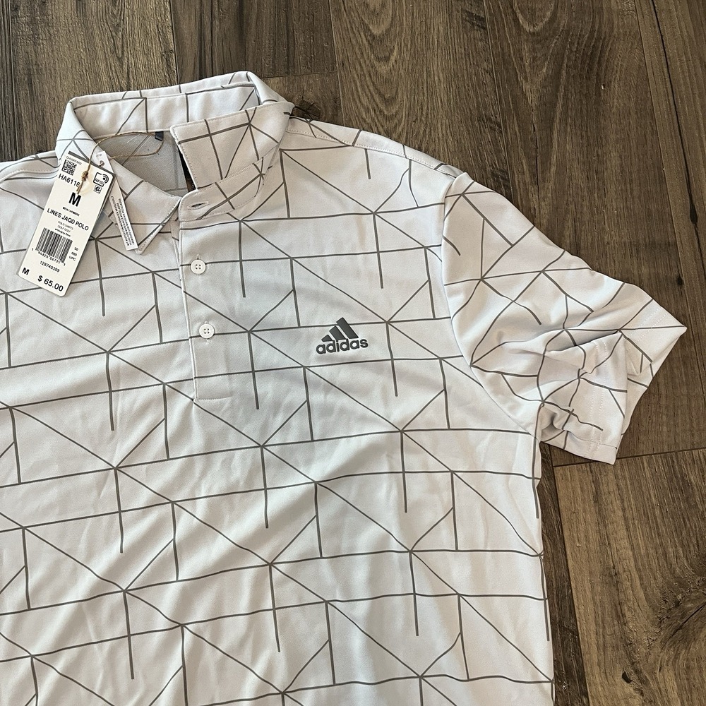 Adidas Men's Lines Jacquard Polo Shirt White Geometric Print M NWT - Picture 4 of 6